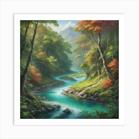 A stunning landscape painting featuring a crystal clear river winding through a lush forest, with vibrant colors and intricate details. 3 Art Print