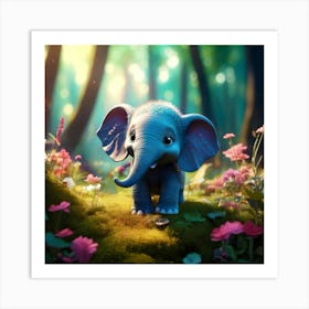 Firefly 3d, Animated, Cute, Little, Round, Turquoise, Elephant, Baby, Forest, Pink Flowers, Whimsica (2) 1 Art Print