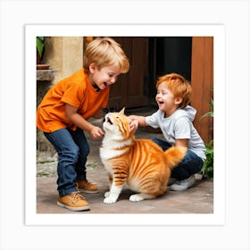 The Kid And The Orange Fluffy Cat Start Laughing 173376388 Art Print