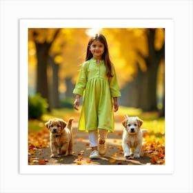 Cute Little Girl With Puppies Art Print