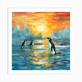 Penguins At Sunset 1 Art Print