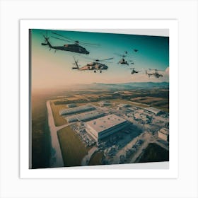 Helicopters Flying Over A Military Base Art Print