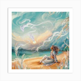 Girl Sits On The Beach Art Print