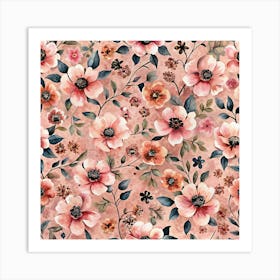 Seamless Floral Pattern With Watercolor Flowers Art Print