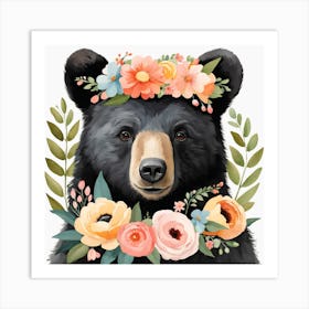 Floral Baby Black Bear Nursery Illustration (25) Art Print