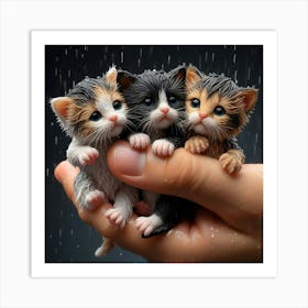 Three Kittens In The Rain Art Print