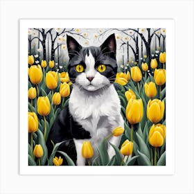 Black White Cat In Tulips Art Print