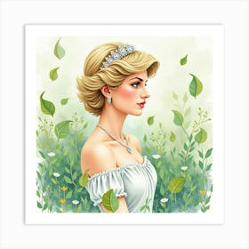 Watercolor Princess Diana Amidst A Tranquil Scene Of Floating Leaves 1 Art Print