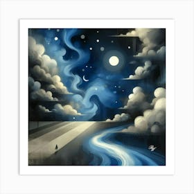 Abstract Black Sky With Moon And Stars 3 Art Print