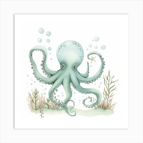 Storybook Style Octopus With Seaweed 3 Art Print