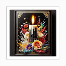 A lit candle inside a picture frame surrounded by flowers 3 Art Print