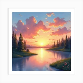 Dreamy Watercolor Sunset Over Tranquil Lake 1 Art Print