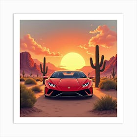 Lamborghini Huracán Surrounded By A Watercolor Desert Sunset 1 Art Print