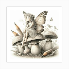 Fairy Sitting On Mushrooms Art Print