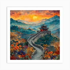 Great Wall Of China at sunset, retro collage Art Print