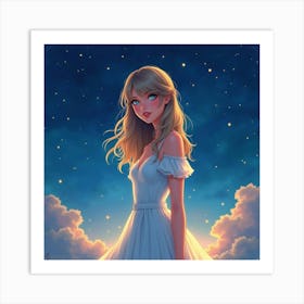 Taylor Swift In A Dreamy Watercolor Night Scene, With Stars And Soft Lights Art Print