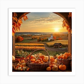 An Idyllic Rustic Autumn Setting A Basket Brimming With Fresh Harvest Of Corn And Pumpkin Wood Br 2 1 Art Print