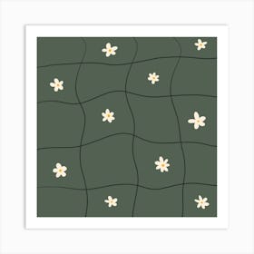 Wavy Grid With Daisies Green Poster