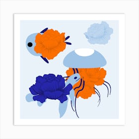 Flower Fish And Blue Peonie Square Art Print