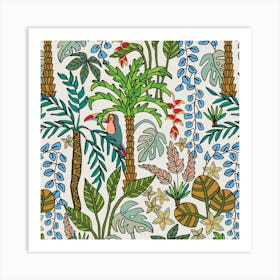 COLOURING BOOK JUNGLE Floral Doodle Tropical Palm Trees Monstera Plants Toucan Line Drawing in Retro 70s Colors Art Print