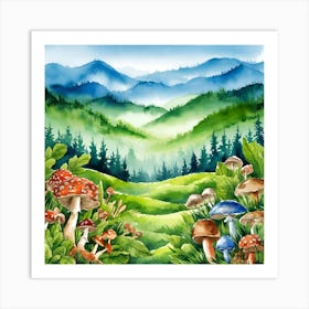 Watercolor Of Mushrooms In The Forest Art Print