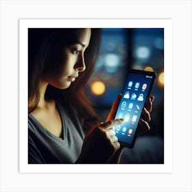 Woman Using Smart Phone At Night Art Print