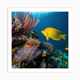 Yellow Fish On Coral Reef Art Print