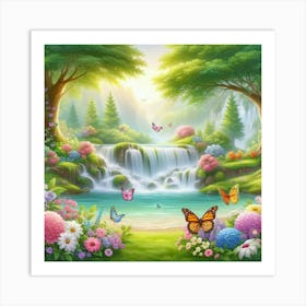 Waterfall And Butterflies Art Print