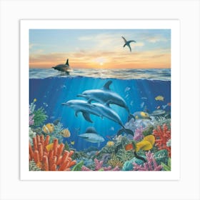 An enchanting and dreamlike art print featuring a whimsical underwater scene with gracefully swimming dolphins and vibrant coral reefs. This captivating and imaginative art print brings a touch of marine magic to home decor, perfect for ocean lovers and those seeking a serene ambiance Art Print