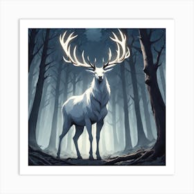 A White Stag In A Fog Forest In Minimalist Style Square Composition 68 Art Print