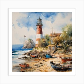 watercolor drawing of an old lighthouse and boats overlooking the beach with a blue sky Art Print