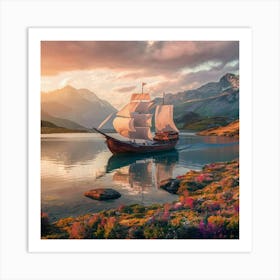 Sailing Ship In The Mountains Art Print