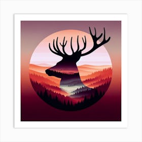 Title: "Twilight Sentinel: The Stag of Dusk"  Description: "Twilight Sentinel" features a striking stag silhouette set against a backdrop that captures the tranquil beauty of twilight over a forested landscape. The rich gradient of dusk colors from warm pinks to cool purples creates a captivating atmosphere, highlighting the majestic profile of the stag with its impressive antlers that frame a world of undulating hills and pines. This piece beautifully merges wildlife with the serenity of nature's daily spectacle, the sunset, suggesting a narrative of calmness and the sentinel-like presence of the stag as a guardian of the forest at nightfall. It's an ideal artwork for those who seek to bring the quiet allure of the wilderness into their space as the day gives way to the enchantment of the evening. Art Print