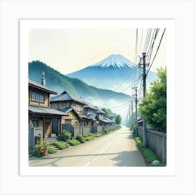 Watercolor Scene Of A Quiet Village At The Foot Of Mt Art Print