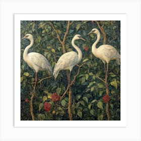 Three Cranes In A Rose Garden Art Art Print