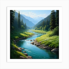 River Meandering Through A Lush Valley Showcasing The Curves Shaped By Erosion Reflections Of The Art Print