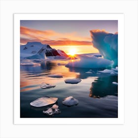Icebergs In The Water At Sunset Art Print