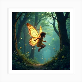 A Fairy Riding A Glowing Butterfly Through A Mystical Forest 1 Art Print