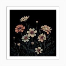 Flowers On A Black Background Art Print