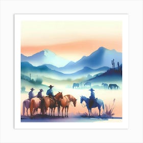 Watercolor Cowboys On Horses 1 Art Print