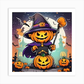 Halloween Witch And Pumpkins Art Print