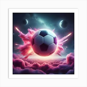 A Photo Realistic Soccer Ball As A Planet In Space With Pink Smoke And Explosions, With 2 Moons In The Background, Digital Art 2 Art Print