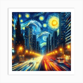 Neon Sonata of the Cityscape, Inspired by Vincent van Gogh's swirling Starry Night and emotive brushstrokes 2 Art Print