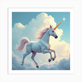 A Unicorn With A Shimmering Mane, Running Through Clouds 1 Art Print