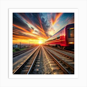 Train On The Tracks At Sunset Art Print