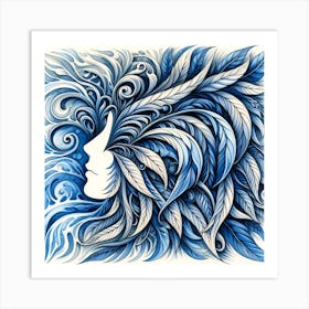 Feathers Blue Woman Wall art Art Print