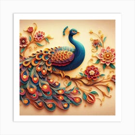 Peacock on flower branch Art Print