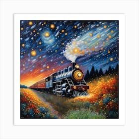 Train At Night.Starry Night Express: A Journey Through Blooming Fields in Cosmic Splendor WALL ART Art Print