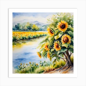 Sunflowers By The River Art Print