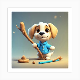 Pup Playing With A Stick Art Print